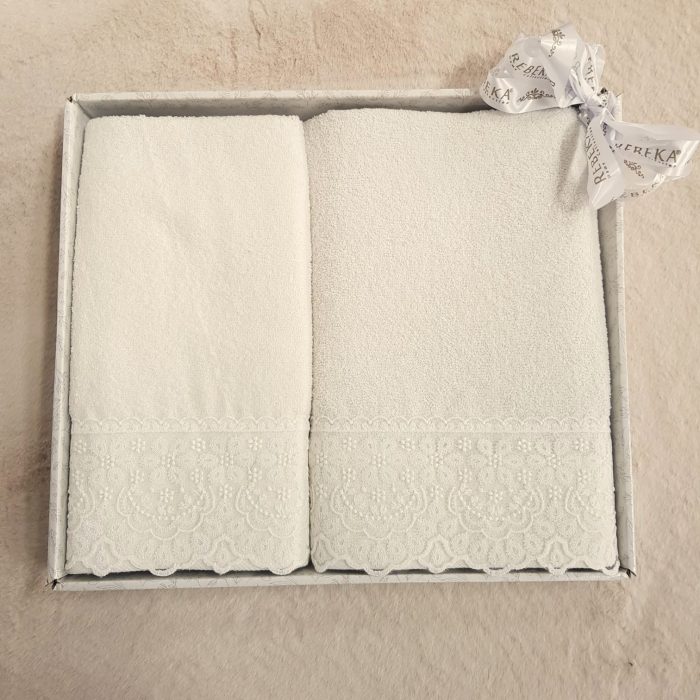 Set 2 prosoape baie Special Gift - 50x90 cm + 70x140 cm, 100% bumbac, cu dantela, ivoire - imagine 2