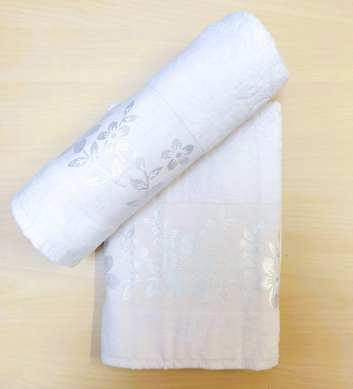 Set 2 Prosoape baie Jaquard alb 70x140 cm, decor floral - imagine 2