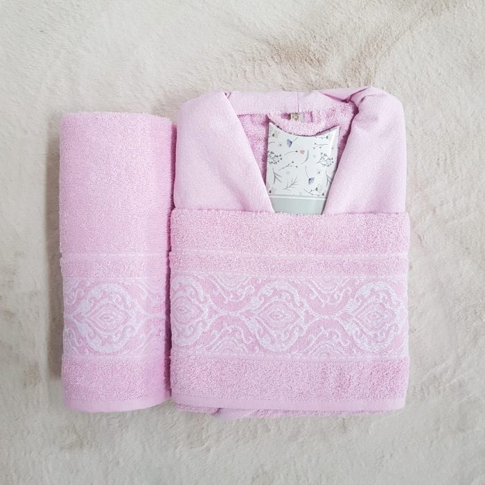 Set halat de baie pentru 1 persoana Elite Collection, 100% bumbac, roz deschis - imagine 2