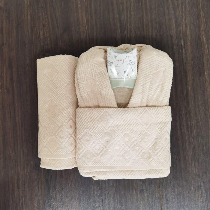 Set halat de baie pentru 1 persoana Elite Collection, 100% bumbac, catifea, ivoire - imagine 2