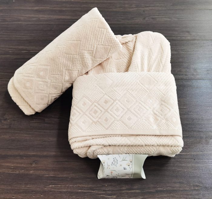 Set halat de baie pentru 1 persoana Elite Collection, 100% bumbac, catifea, bej - imagine 2