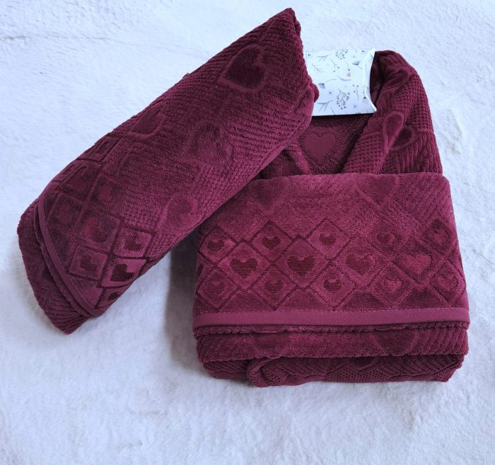 Set halat de baie pentru 1 persoana Elite Collection, 100% bumbac, catifea, bordeaux - imagine 3