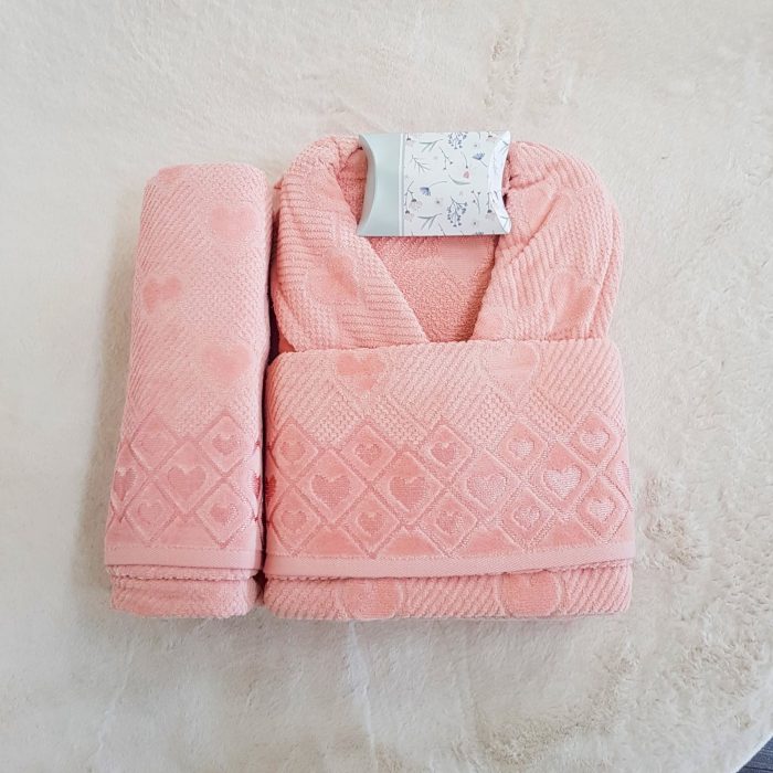 Set halat de baie pentru 1 persoana Elite Collection, 100% bumbac, catifea, piersica - imagine 3