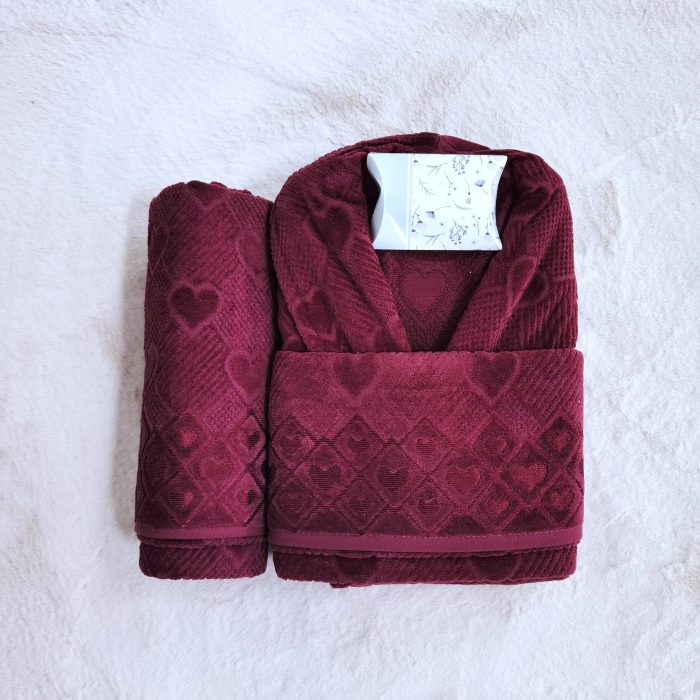 Set halat de baie pentru 1 persoana Elite Collection, 100% bumbac, catifea, bordeaux - imagine 2