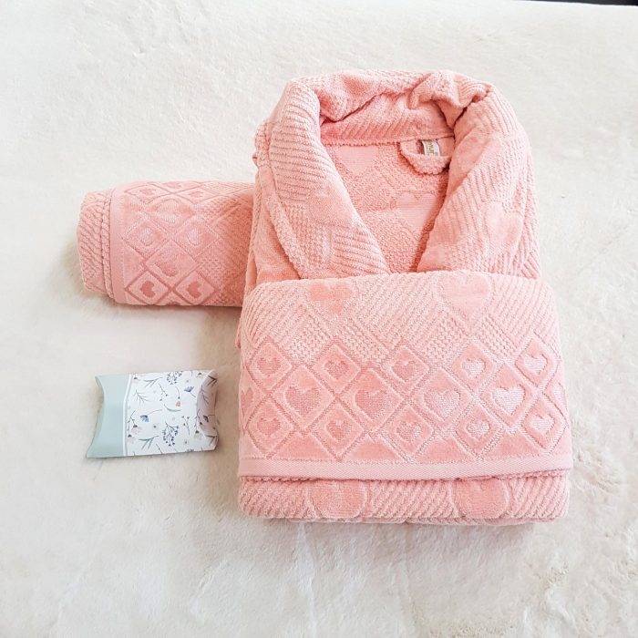 Set halat de baie pentru 1 persoana Elite Collection, 100% bumbac, catifea, piersica - imagine 2