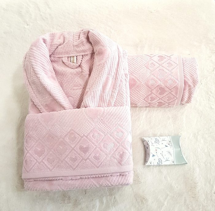 Set halat de baie pentru 1 persoana Elite Collection, 100% bumbac, catifea, roz pudra - imagine 2