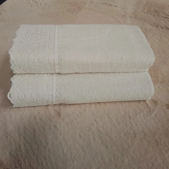 Set 2 prosoape baie Special Gift - 50x90 cm + 70x140 cm, 100% bumbac, cu dantela, ivoire - imagine 5