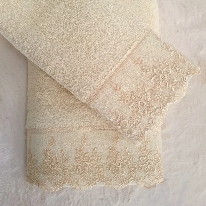 Set 2 prosoape baie Special Gift - 50x90 cm + 70x140 cm, 100% bumbac, cu dantela, cappuccino - imagine 5