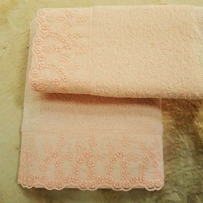 Set 2 prosoape baie Special Gift - 50x90 cm + 70x140 cm, 100% bumbac, cu dantela, rose - imagine 3
