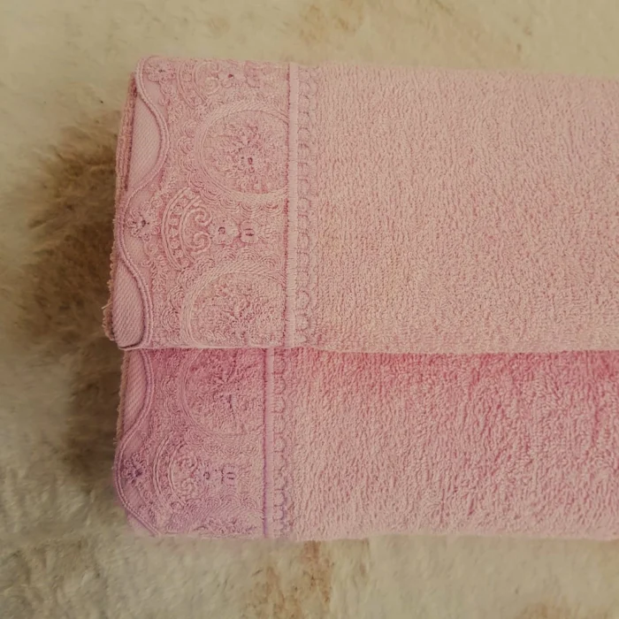 Set 2 prosoape baie Special Gift - 50x90 cm + 70x140 cm, 100% bumbac, cu dantela, roz ars - imagine 3